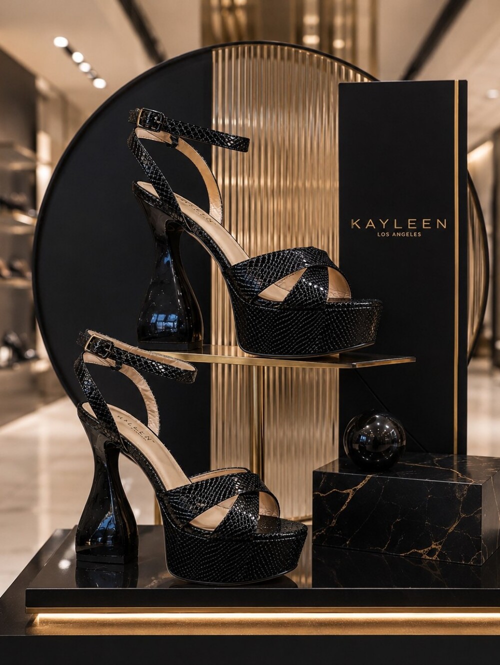 Black Textured Platform Sandals with Sculpted Heel